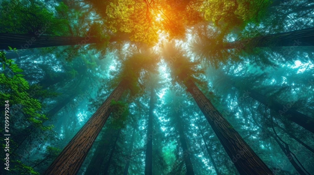 Poster a group of tall trees in the middle of a forest with the sun shining through the trees in the middle