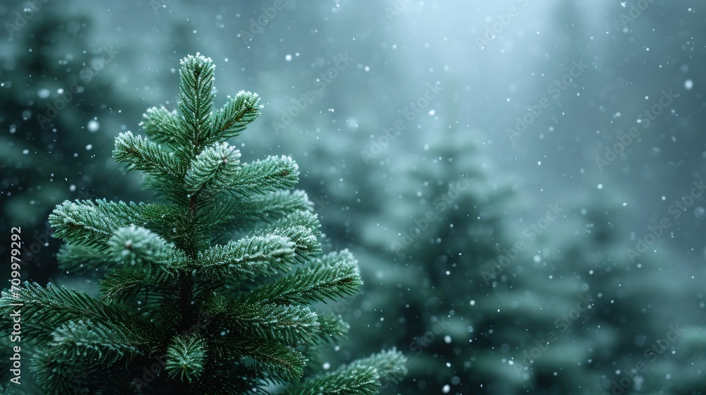 Poster a close up of a pine tree on a snowy day with snow flakes on the trees and snow falling from the sky