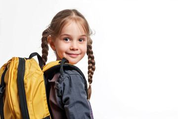 happy smart small student girl with book and bag on white isolated background