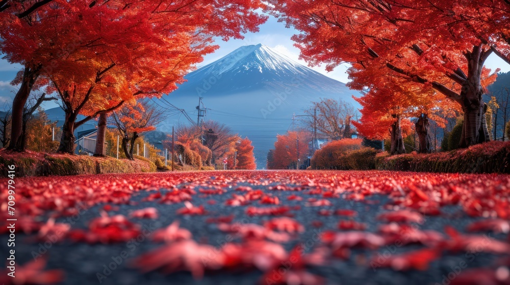 Poster a scenic view of a mountain in the distance with red leaves on the ground and trees in the foregroun