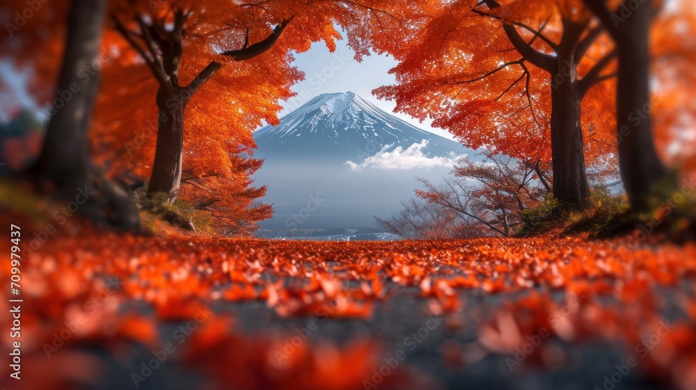 Poster a view of a mountain through a forest with leaves on the ground and in the foreground, there are tre