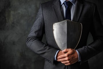 Businessman holding shield, corporate protection and security concept.