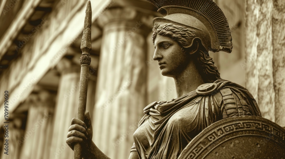 Poster a statue of a roman soldier holding a sword and shield in front of a building with columns and colum