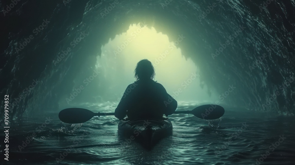 Poster a person in a kayak paddling through a tunnel of water with a light at the end of the tunnel and a l