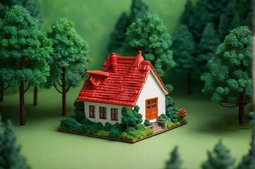 A miniature house with a red roof against a background of green forest. The concept of country life, real estate, privacy, family hearth, toy house. AI generated