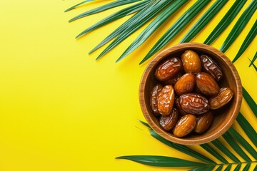 Dried dates in wooden bowl and palm leaves on yellow background, Arabic food for Ramadan.