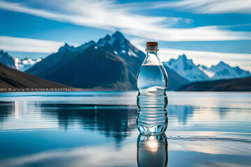 bottle of mineral water in a mountain lake landscape
