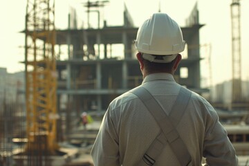 Engineer from the back with uniform and helmet, work in progress in the background, construction concept.