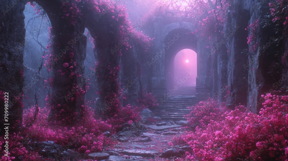 Poster a path leading to a light at the end of a tunnel in a forest with pink flowers on either side of the