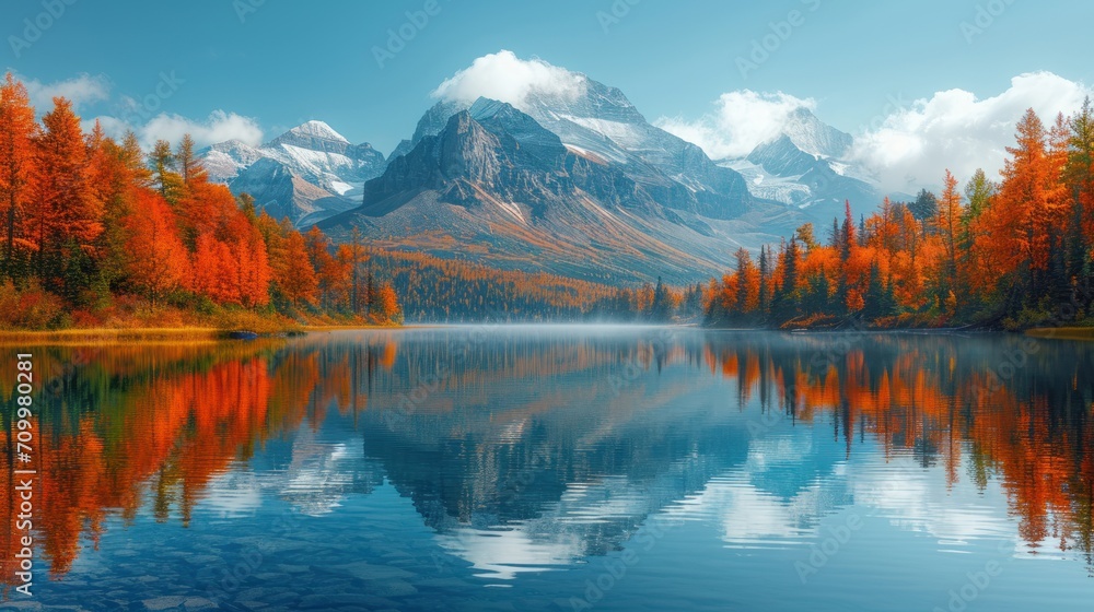 Poster a mountain range is reflected in the still water of a lake surrounded by trees with orange and red l