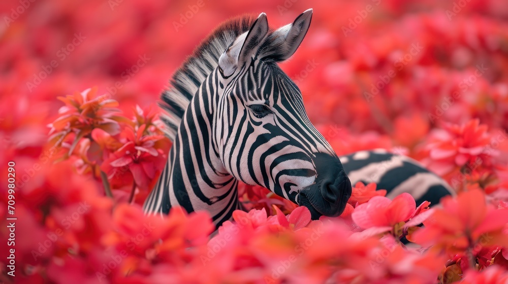 Poster a couple of zebra standing next to each other on a field of red flowers with one zebra looking at th