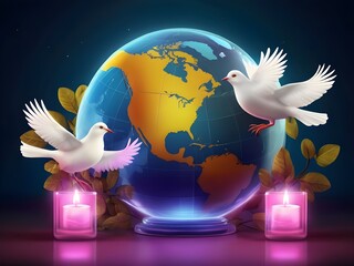 Vector illustration of globe and doves birds for the concept of International Day of Living Together in Peace May 16. International Day of Peace September 21. No war. Symbol of Peace. Freedom concept