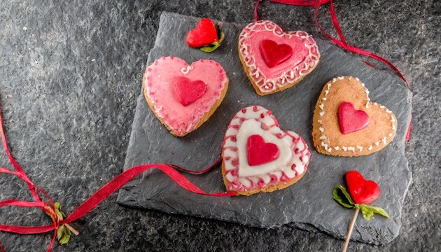 valentine s day cookies on a black stone