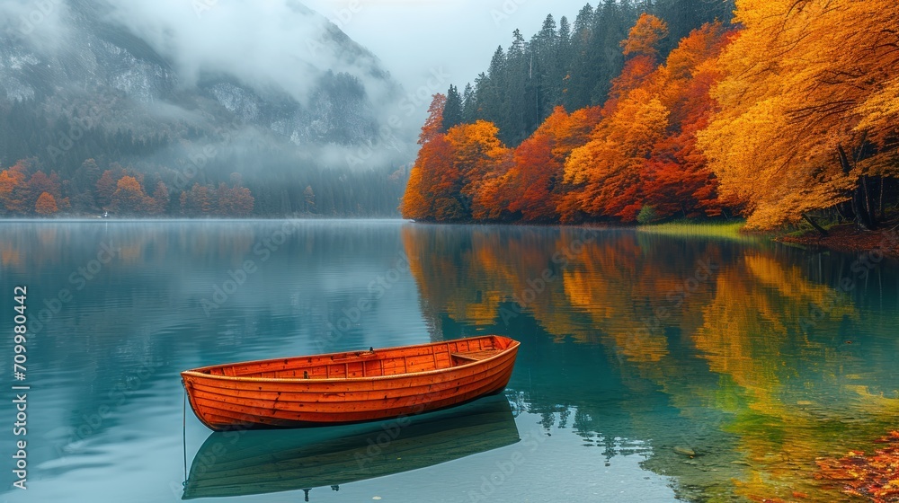 Poster a boat floating on top of a lake next to a forest filled with orange and yellow trees on a foggy day