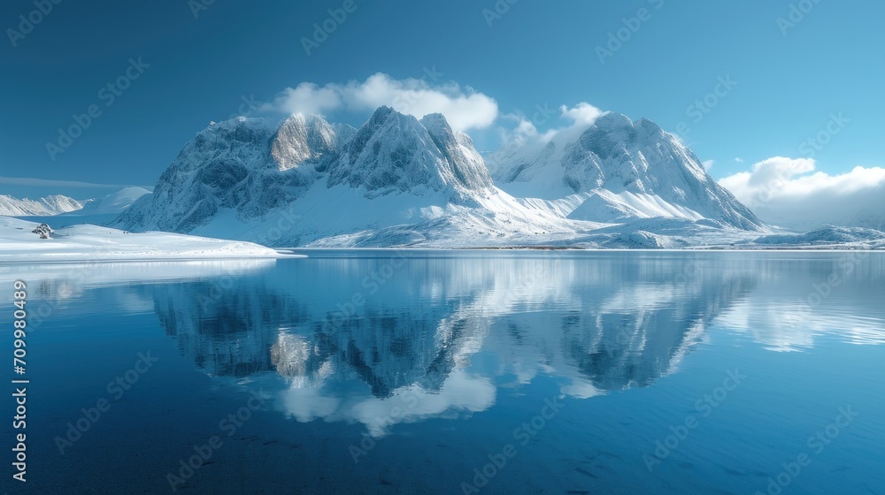 Aufkleber a mountain range is reflected in the still water of a lake in front of a mountain range with snow on