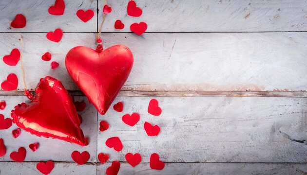 red hearts on wood banner valentines day background