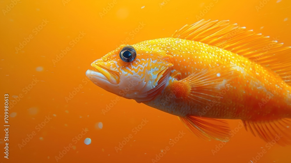 Poster a close up of a fish in a body of water with bubbles on the bottom of the water and an orange backgr