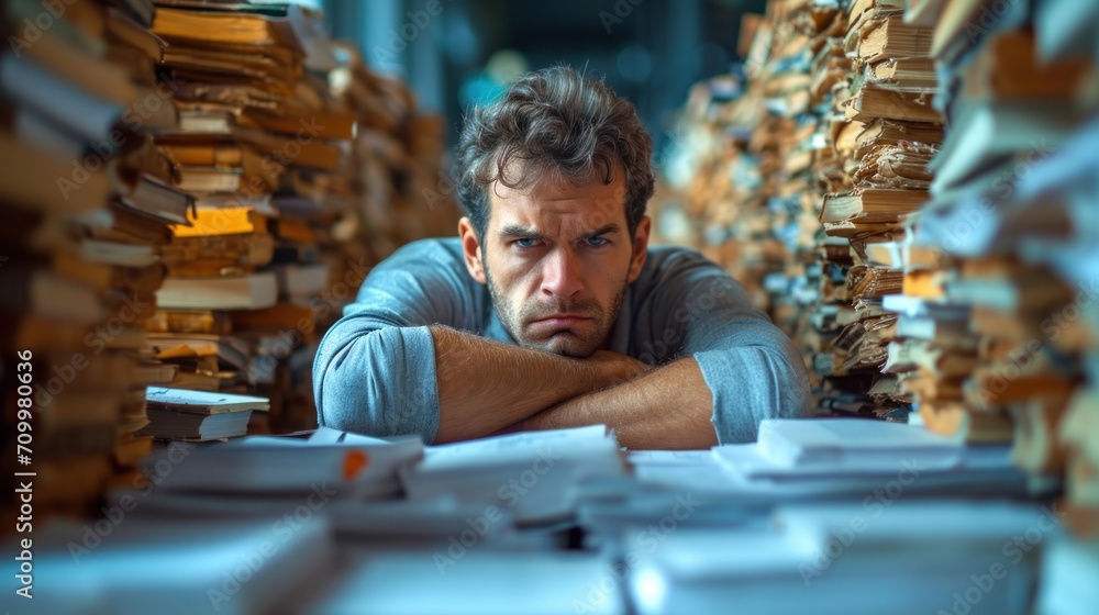 Poster a man sitting at a table in front of stacks of books with a serious look on his face as he looks at 