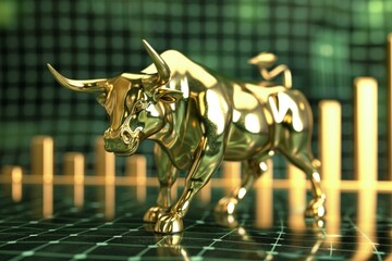 Golden bull and graph on green background, concept of stock exchange, shares and funds.