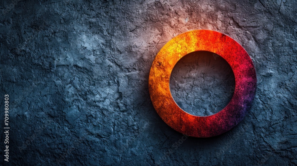 Poster the letter o is made up of a multicolored circle on a gray background with a red and orange stripe a