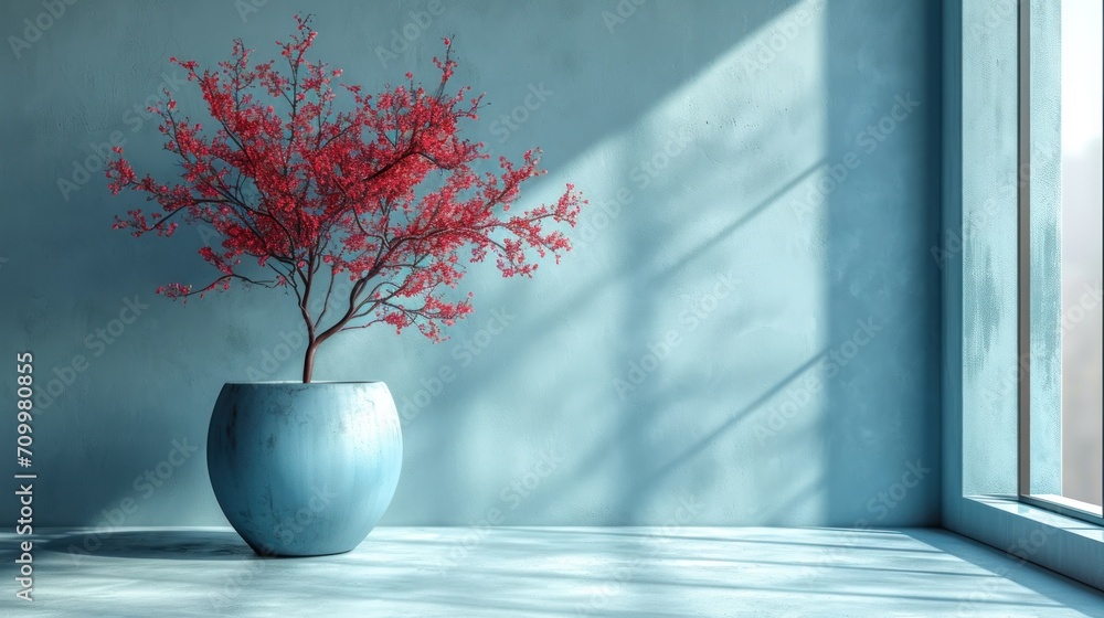 Poster a blue vase with a red tree in it sitting on a table in front of a window with a shadow cast on the 