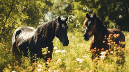 Two horses grazing in the meadow