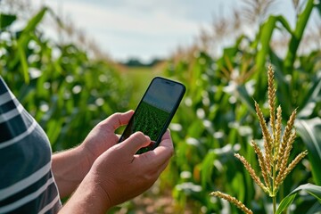 A person's hand holding cell phone in a corn field, agriculture and technology concept.