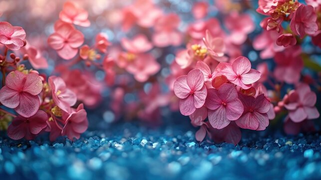  a bunch of pink flowers sitting on top of a blue and white floor covered in flecks of blue and pink flecked fleckled flecks.