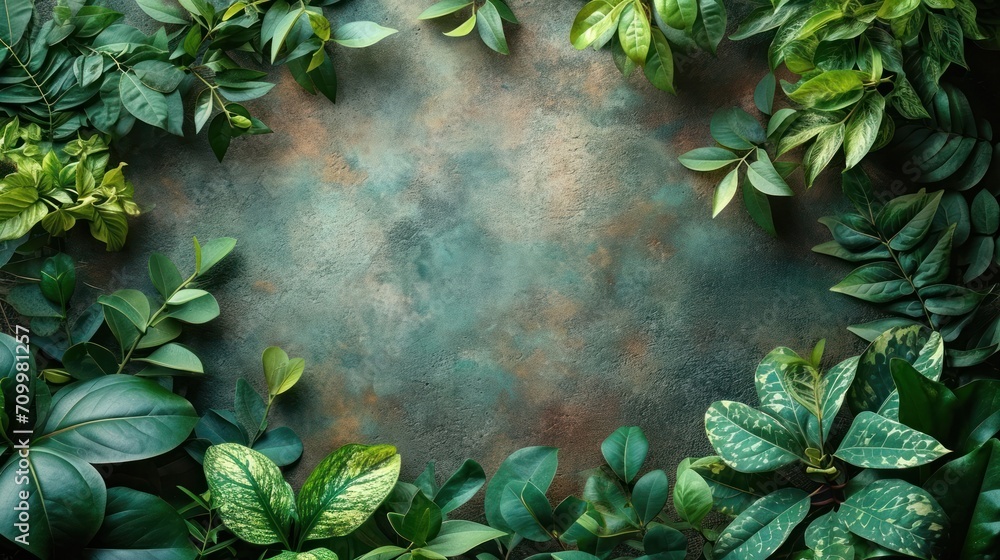 Poster a group of green leaves surrounding a metal plate with a rusted surface in the middle of the frame, 