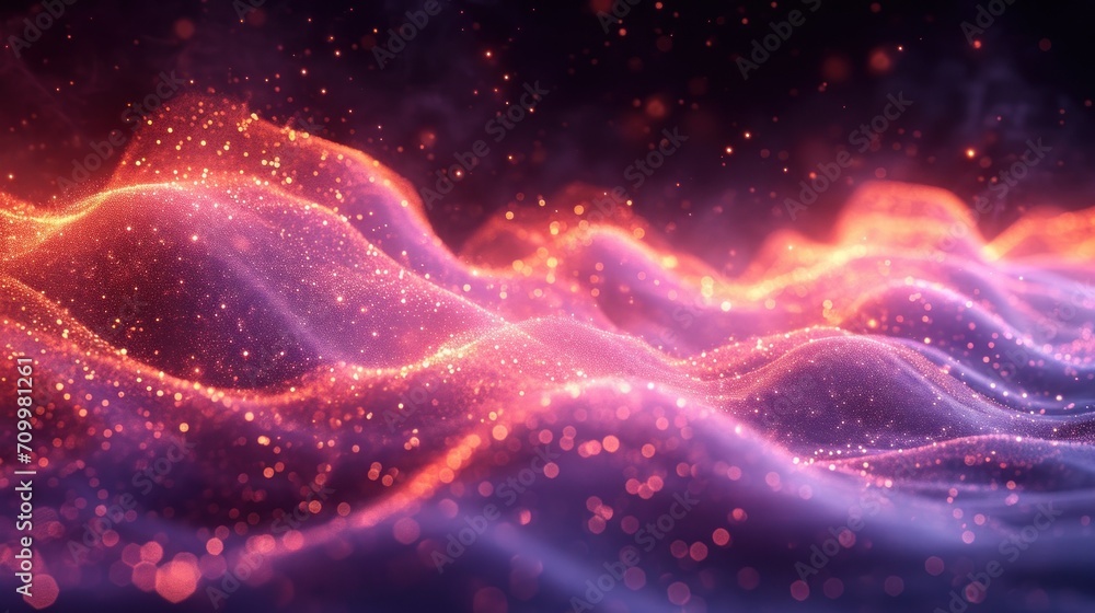 Poster a computer generated image of a wave of purple and orange light on a black background with a blur of
