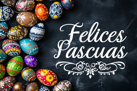 'Felices Pascuas' Text Calligraphy on a Black Background with Colorful Easter Eggs. Easter Card Template