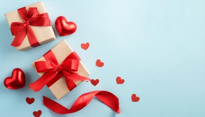 valentine s day gift concept flat lay composition made of gift boxes with silk ribbon and red hearts on pastel blue background with copy space lovers holiday card idea