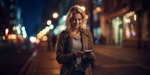 attractive beautiful young blond or European woman using and texting on her smart phone mobile for service 5g digital communication and online social media city banner