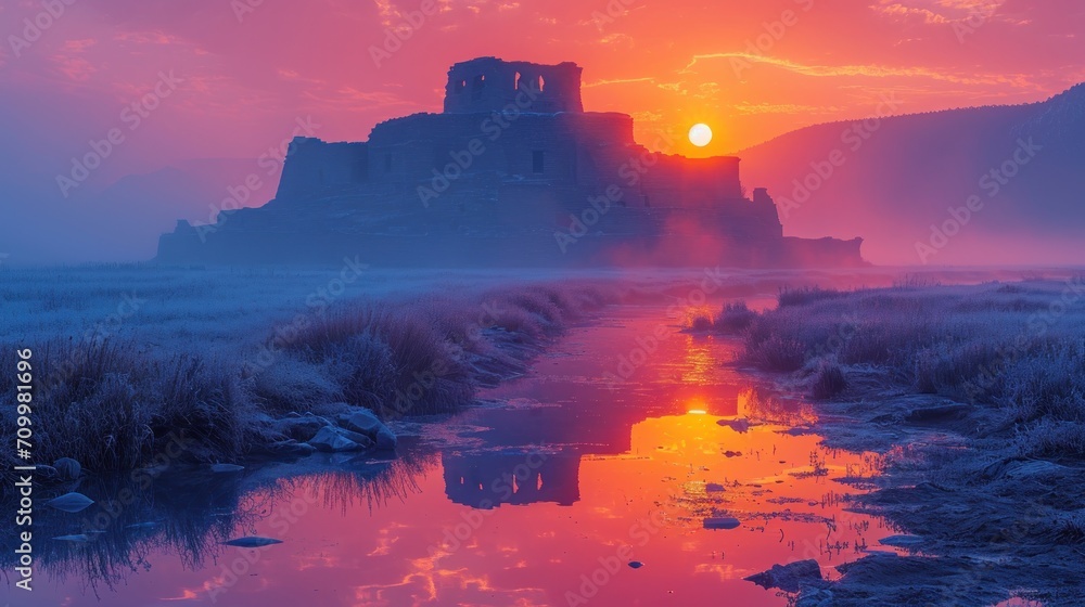 Poster the sun is setting behind a castle on a foggy day with a stream running through the foreground and a