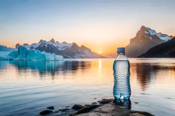 Poster bottle of fresh mineral water in front of a mountain lake, epic sunlight © eric