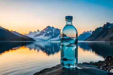 bottle of fresh mineral water in front of a mountain lake, epic sunlight - obrazy, fototapety, plakaty