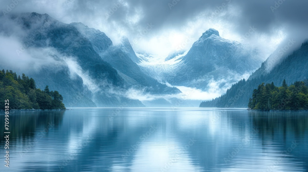 Poster  a large body of water with a mountain range in the distance and trees in the foreground and a cloudy sky with a few clouds overcast in the background.