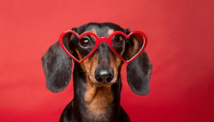 portrait of frustrated dachshund dog in dark heart shaped glasses on red background without emotions indifference in relationship stylized valentine day accessory party gift dating site advertising - obrazy, fototapety, plakaty