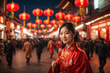 Obraz premium The audience in the energetic celebration of Chinese Lunar New Year in Chinatown. Enhance the festive aura with a defocused background