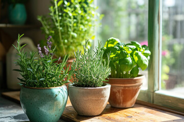 Plants in the pots on the windowsill 