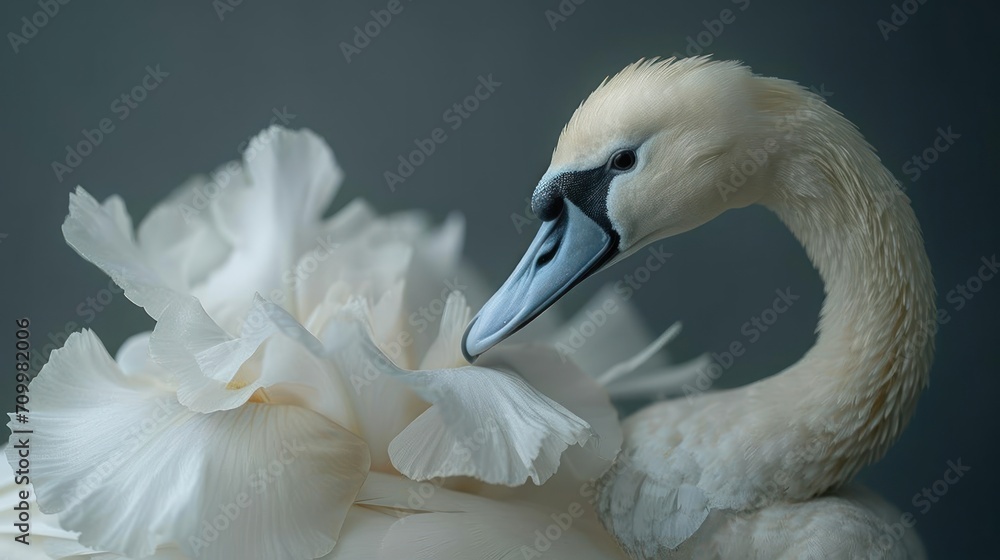 Poster a close up of a bird with a flower in it's beak and another bird in the background with a flower in 
