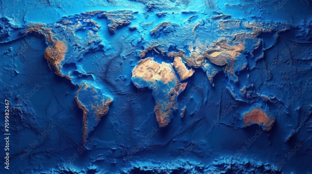 Poster a topographic map of the world with a blue background the map is detailed and shows the various cont