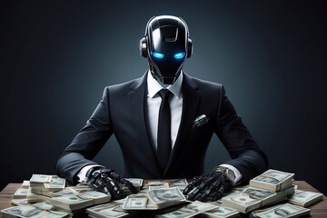 Robot wearing a black suit and holding money. Generative AI. - obrazy, fototapety, plakaty