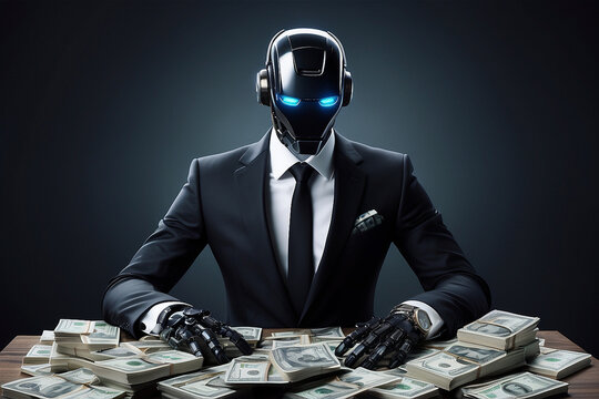 Robot wearing a black suit and holding money. Generative AI.