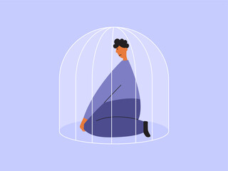 Unhappy boy sitting on knees locked cage. Sad man psychological trapped. Physical, mental abuse, prison. Male depression, person social loneliness. Teen difficulties, gender issue vector illustration