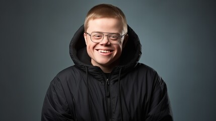 Obraz premium Portrait studio shot a man with Down syndrome who smiles happy every day. AI generated image