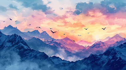 An exquisite watercolor pattern depicting mountain peaks scattered under the pastel sunset sky