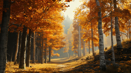 Autumn fairy tale forests, where trees are clothed in golden and orange clothes