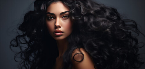 Woman with curly long healthy hair, Healthy Hair banner