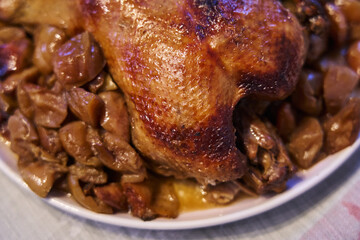 Christmas family dinner. a beautiful ruddy baked duck is laid out on a dish and apples are placed next to it with a spatula